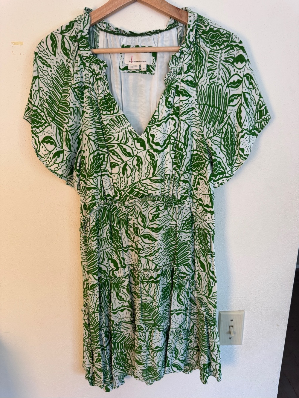 Anthropologie Green & White Leaf-Print V-Neck Mini Dress